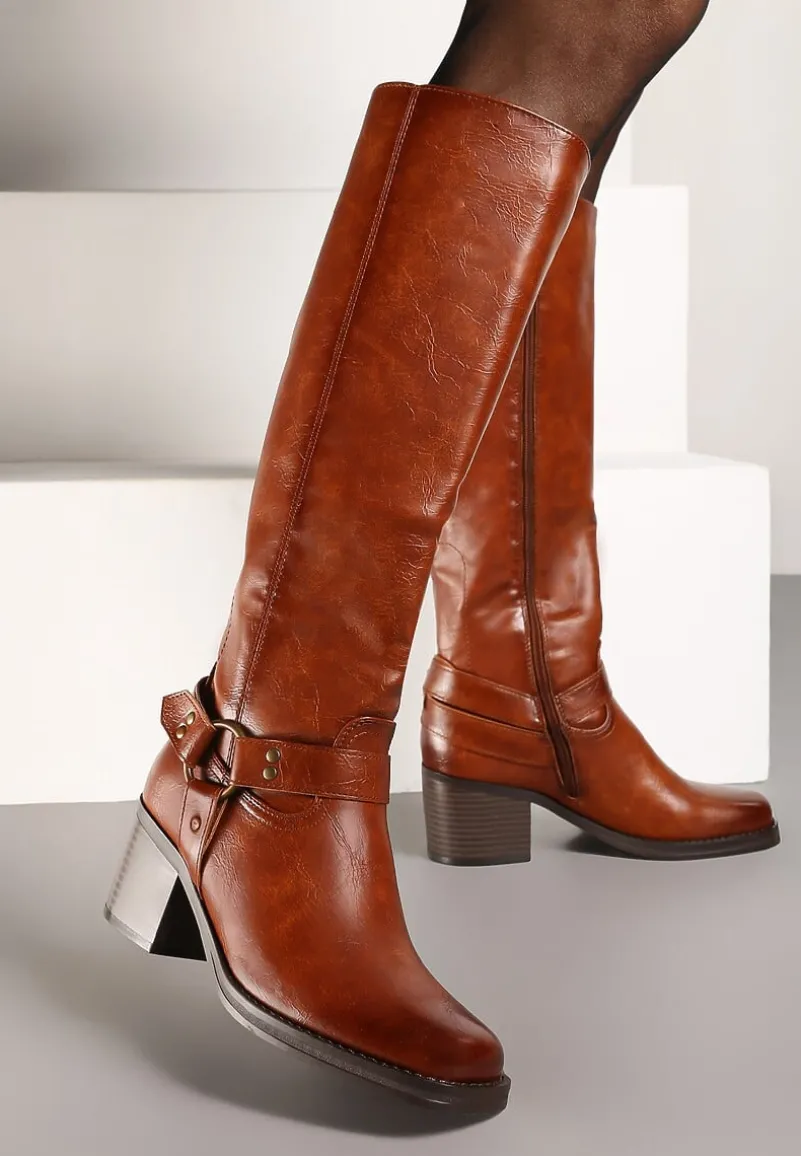 Brązowe Kozaki na Obcasie w Stylu Bikerów z Okrągłą Klamrą Eziella