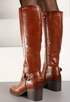 Brązowe Kozaki na Obcasie w Stylu Bikerów z Okrągłą Klamrą Eziella