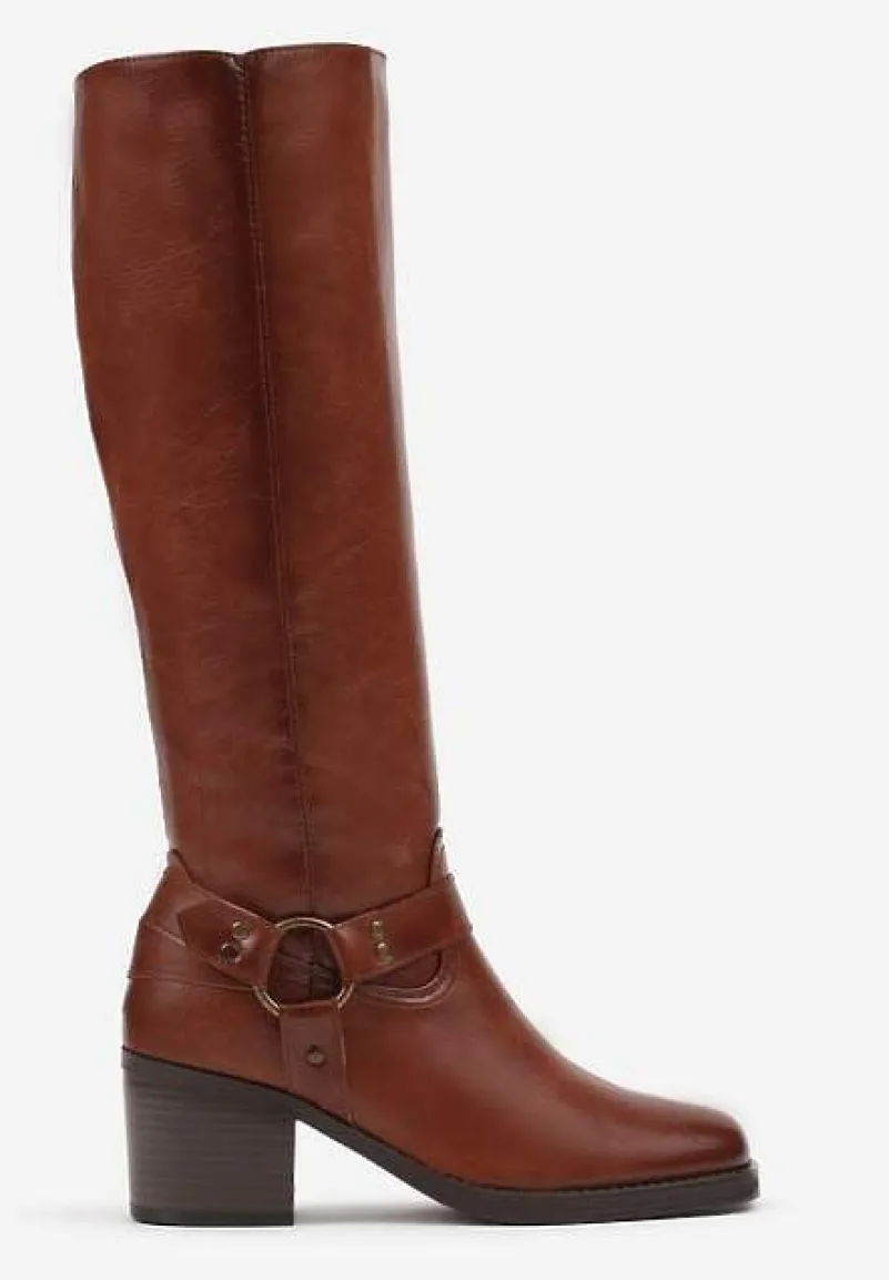 Brązowe Kozaki na Obcasie w Stylu Bikerów z Okrągłą Klamrą Eziella