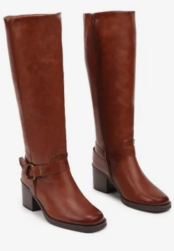 Brązowe Kozaki na Obcasie w Stylu Bikerów z Okrągłą Klamrą Eziella