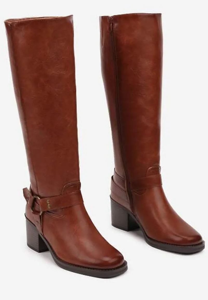 Brązowe Kozaki na Obcasie w Stylu Bikerów z Okrągłą Klamrą Eziella