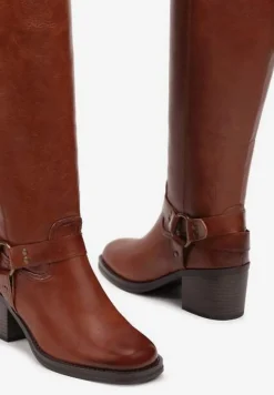 Brązowe Kozaki na Obcasie w Stylu Bikerów z Okrągłą Klamrą Eziella