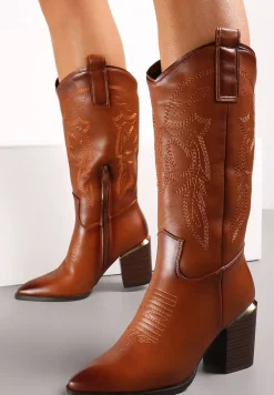 Brązowe Kozaki na Obcasie w Stylu Kowbojek z Przeszyciami Puneia