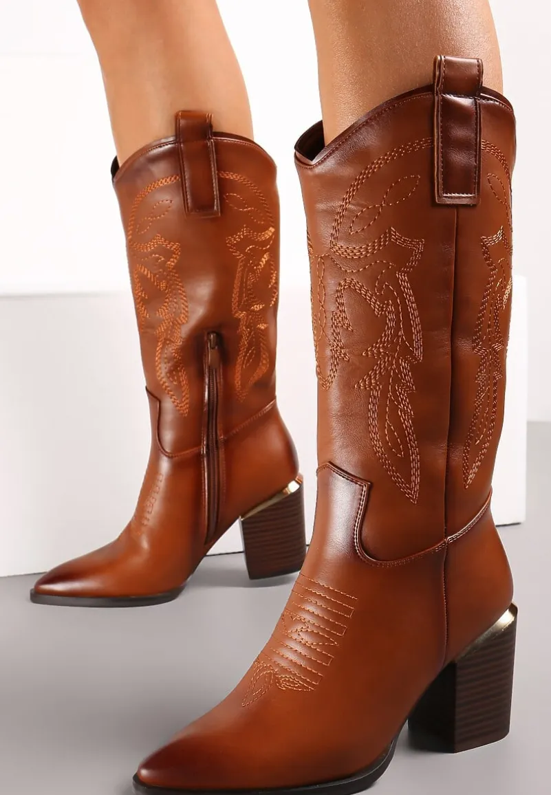 Brązowe Kozaki na Obcasie w Stylu Kowbojek z Przeszyciami Puneia