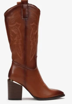 Brązowe Kozaki na Obcasie w Stylu Kowbojek z Przeszyciami Puneia