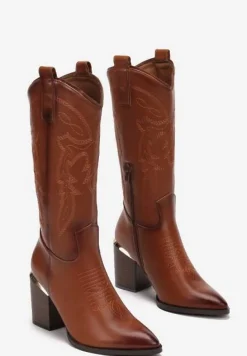 Brązowe Kozaki na Obcasie w Stylu Kowbojek z Przeszyciami Puneia