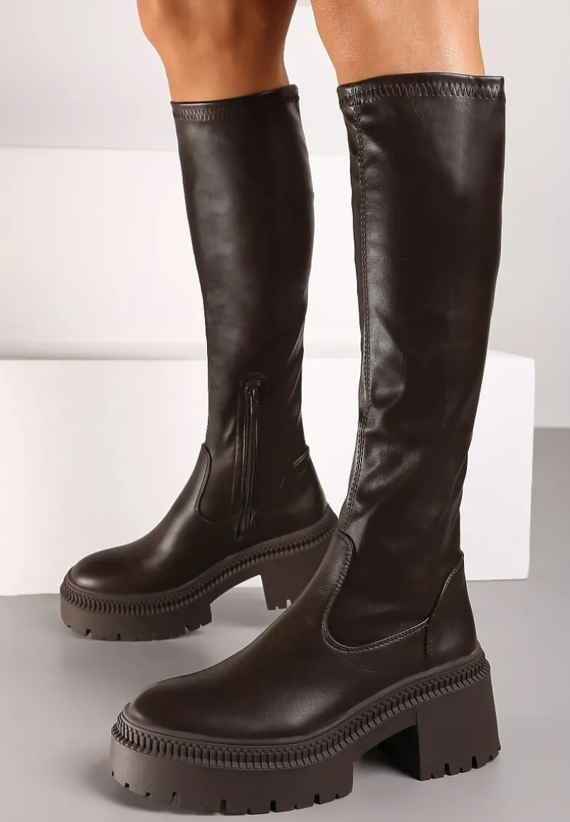 Brązowe Kozaki na Obcasie Typu Słupek z Wysoką Dopasowaną Cholewką Laoliana