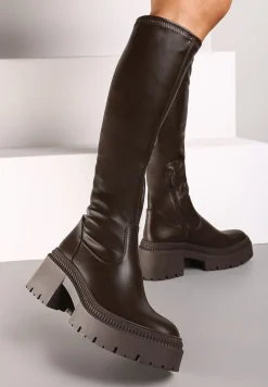 Brązowe Kozaki na Obcasie Typu Słupek z Wysoką Dopasowaną Cholewką Laoliana