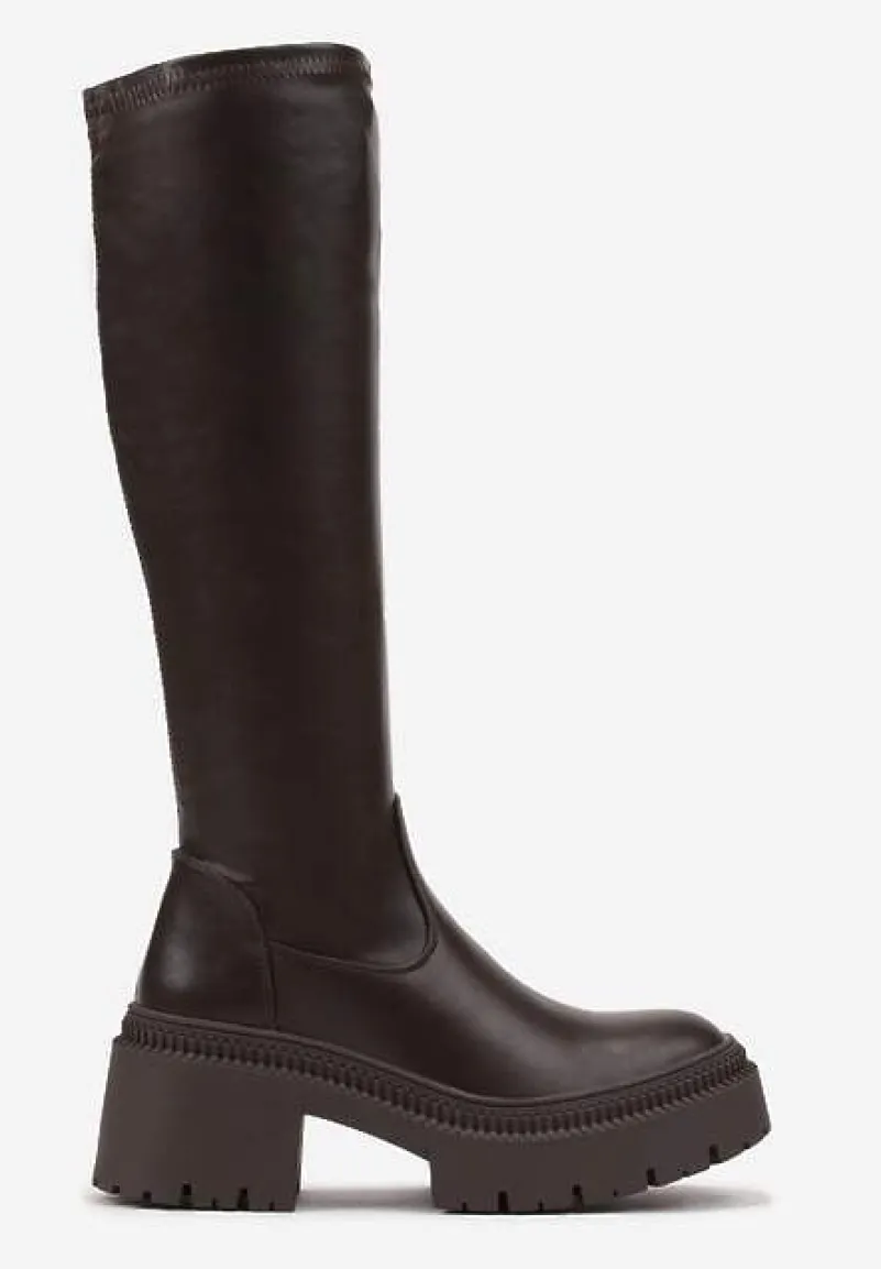 Brązowe Kozaki na Obcasie Typu Słupek z Wysoką Dopasowaną Cholewką Laoliana