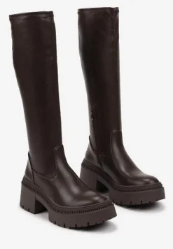 Brązowe Kozaki na Obcasie Typu Słupek z Wysoką Dopasowaną Cholewką Laoliana