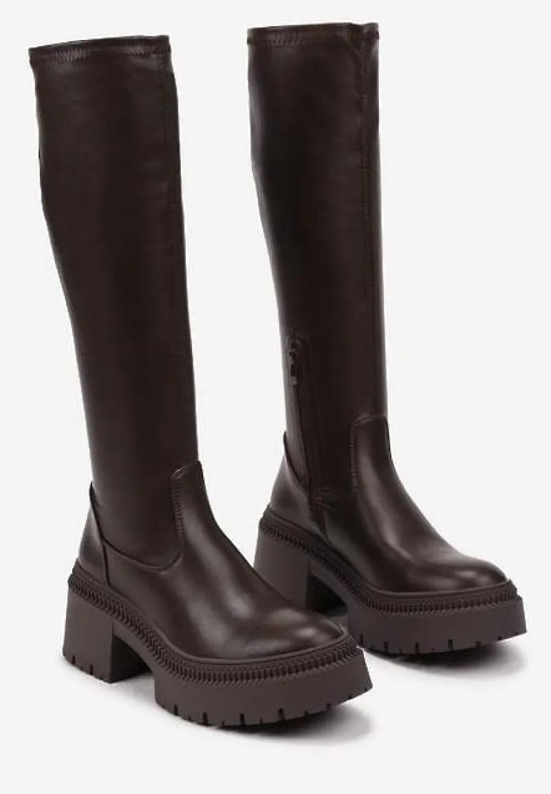 Brązowe Kozaki na Obcasie Typu Słupek z Wysoką Dopasowaną Cholewką Laoliana