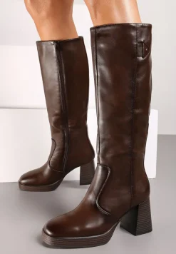 Brązowe Kozaki na Platformie i Słupku z Lekkim Ociepleniem Hanissea