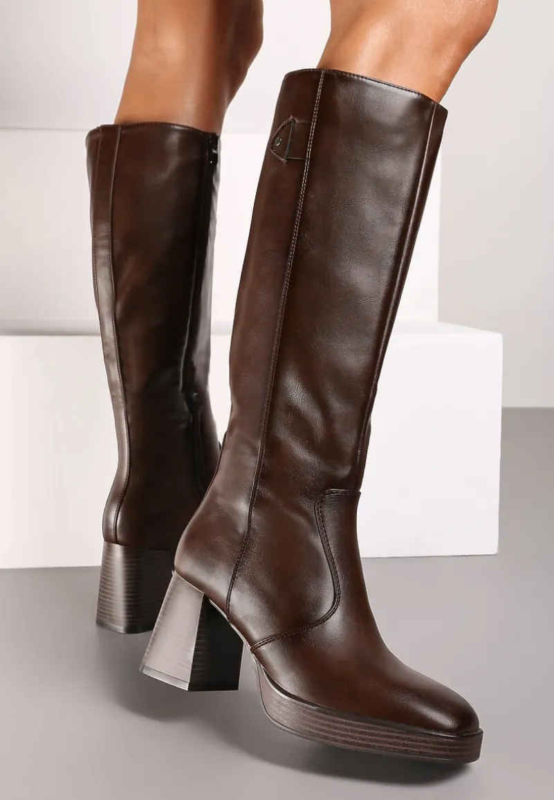 Brązowe Kozaki na Platformie i Słupku z Lekkim Ociepleniem Hanissea