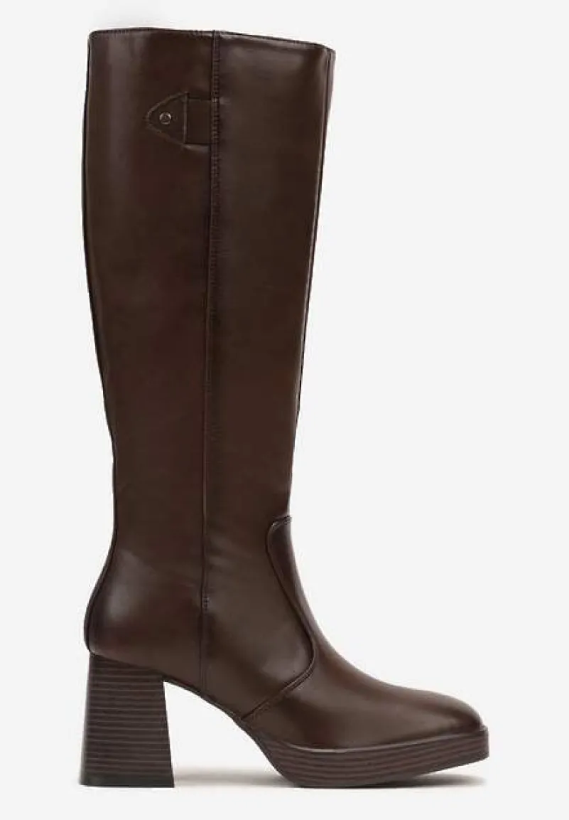 Brązowe Kozaki na Platformie i Słupku z Lekkim Ociepleniem Hanissea