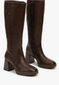 Brązowe Kozaki na Platformie i Słupku z Lekkim Ociepleniem Hanissea