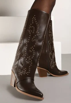 Brązowe Kozaki na Stożku z Ćwiekami i Luźną Cholewką Adelieth