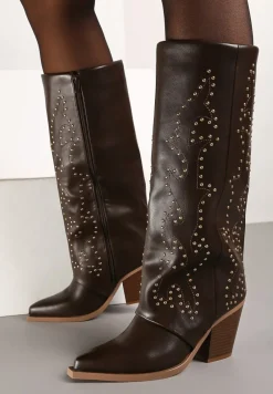 Brązowe Kozaki na Stożku z Ćwiekami i Luźną Cholewką Adelieth