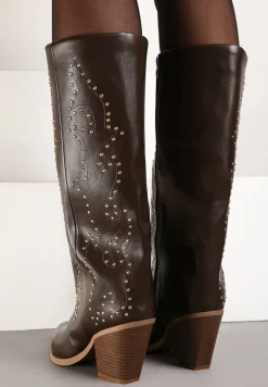 Brązowe Kozaki na Stożku z Ćwiekami i Luźną Cholewką Adelieth