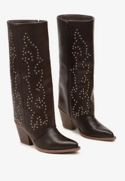 Brązowe Kozaki na Stożku z Ćwiekami i Luźną Cholewką Adelieth