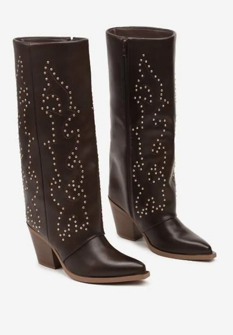 Brązowe Kozaki na Stożku z Ćwiekami i Luźną Cholewką Adelieth