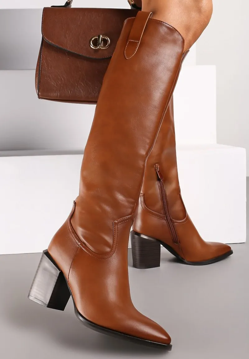 Brązowe Kozaki na Słupku Ozdobione Metaliczną Wstawką Serivia