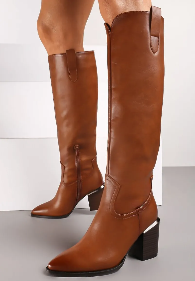 Brązowe Kozaki na Słupku Ozdobione Metaliczną Wstawką Serivia