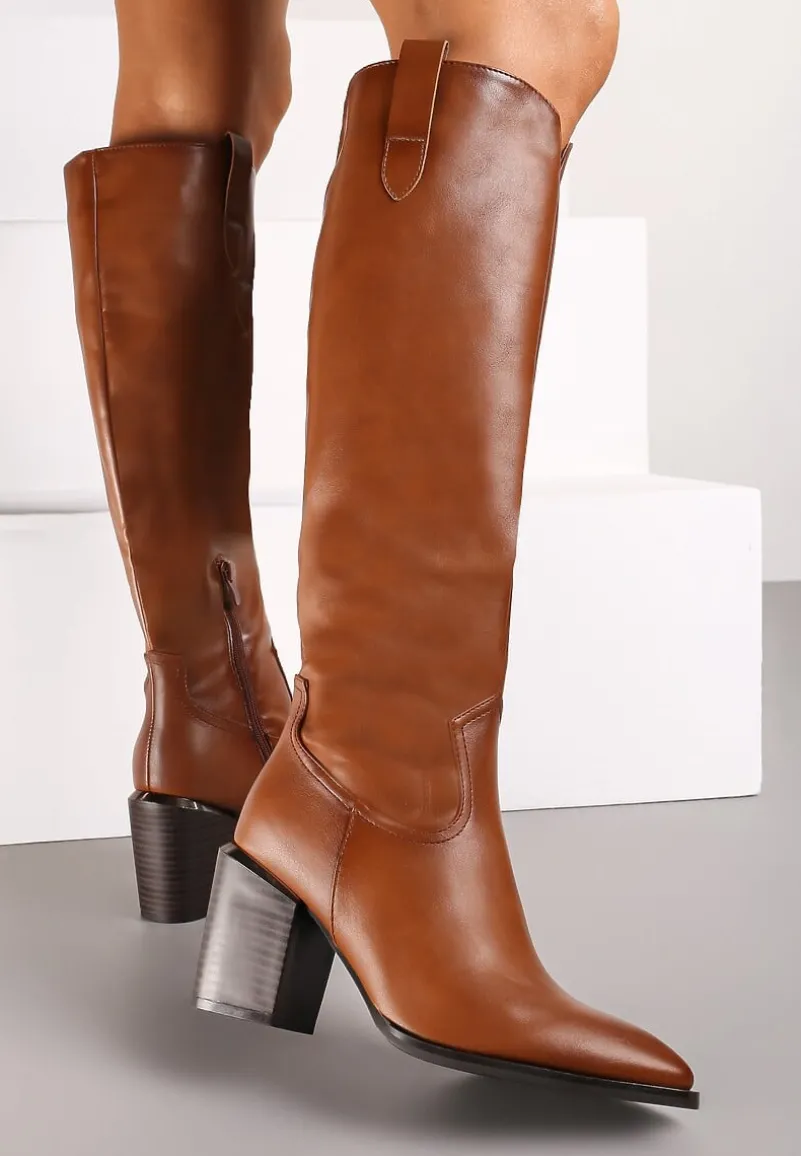 Brązowe Kozaki na Słupku Ozdobione Metaliczną Wstawką Serivia