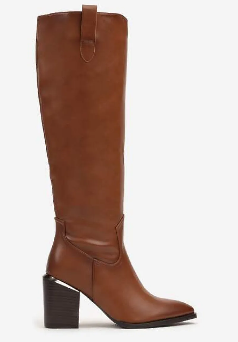 Brązowe Kozaki na Słupku Ozdobione Metaliczną Wstawką Serivia