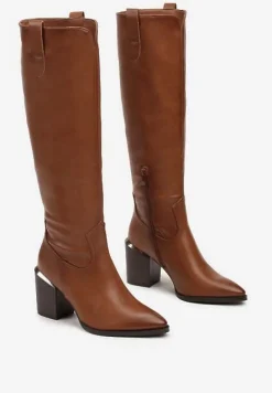 Brązowe Kozaki na Słupku Ozdobione Metaliczną Wstawką Serivia