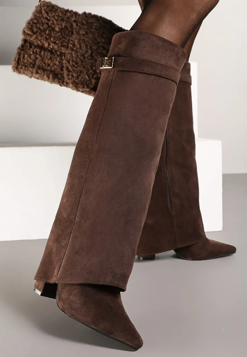 Brązowe Kozaki na Słupku z Wywiniętą Cholewką i Klamerką Upaxa