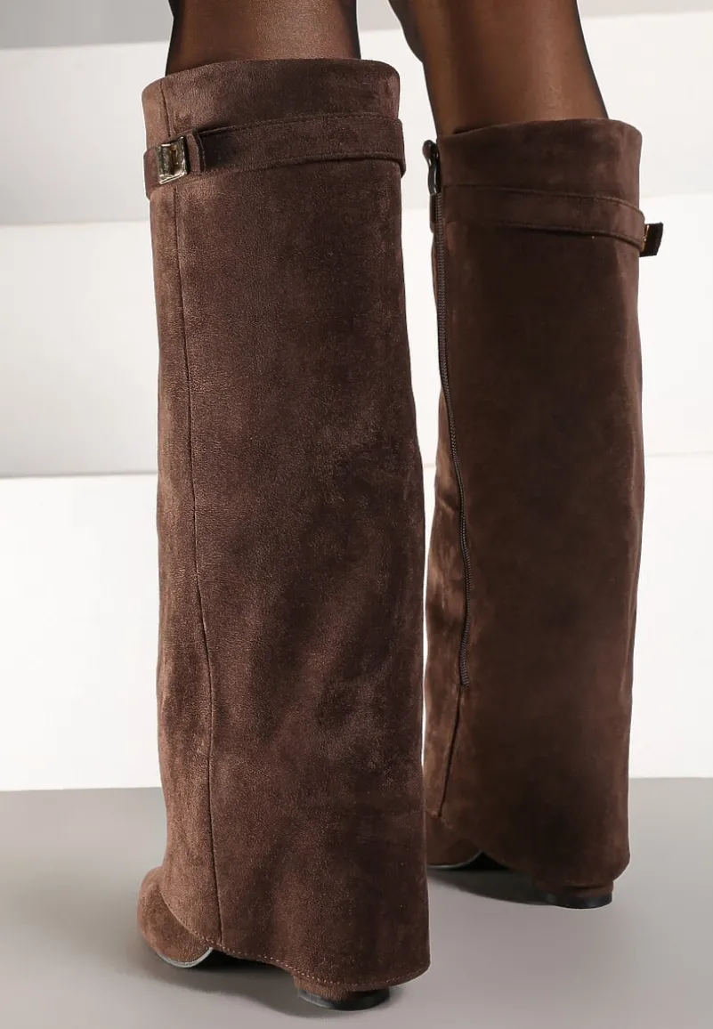 Brązowe Kozaki na Słupku z Wywiniętą Cholewką i Klamerką Upaxa