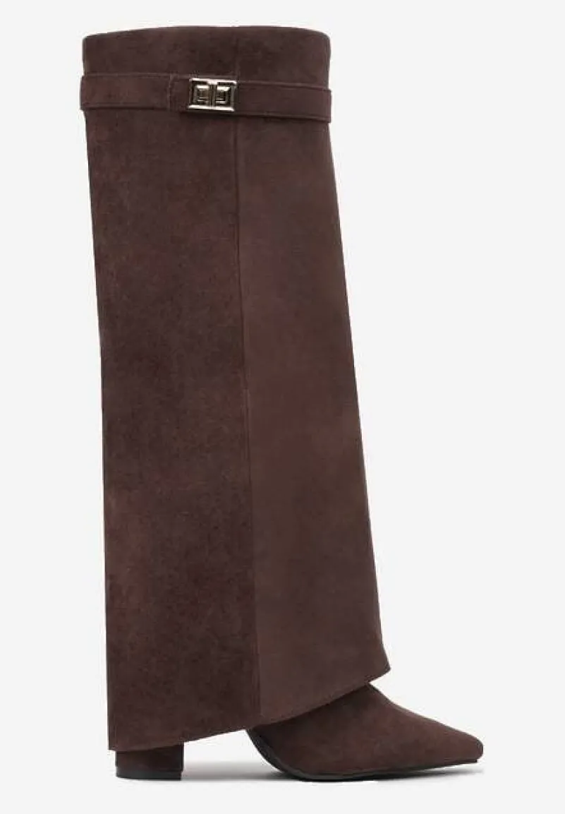 Brązowe Kozaki na Słupku z Wywiniętą Cholewką i Klamerką Upaxa