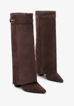 Brązowe Kozaki na Słupku z Wywiniętą Cholewką i Klamerką Upaxa