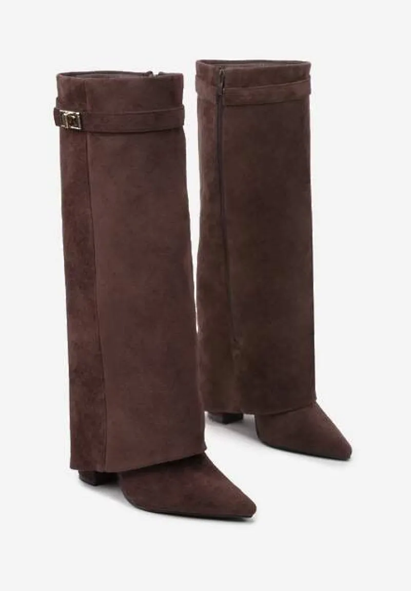 Brązowe Kozaki na Słupku z Wywiniętą Cholewką i Klamerką Upaxa