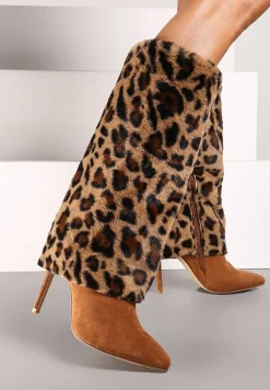 Brązowe Kozaki na Szpilce Ozdobione Futerkiem i Wywiniętą Cholewką w Panterkę Riavira