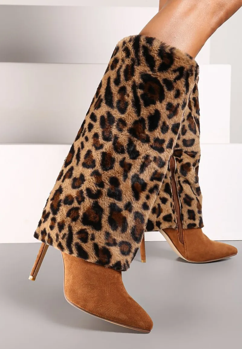 Brązowe Kozaki na Szpilce Ozdobione Futerkiem i Wywiniętą Cholewką w Panterkę Riavira