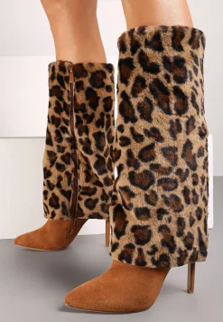 Brązowe Kozaki na Szpilce Ozdobione Futerkiem i Wywiniętą Cholewką w Panterkę Riavira