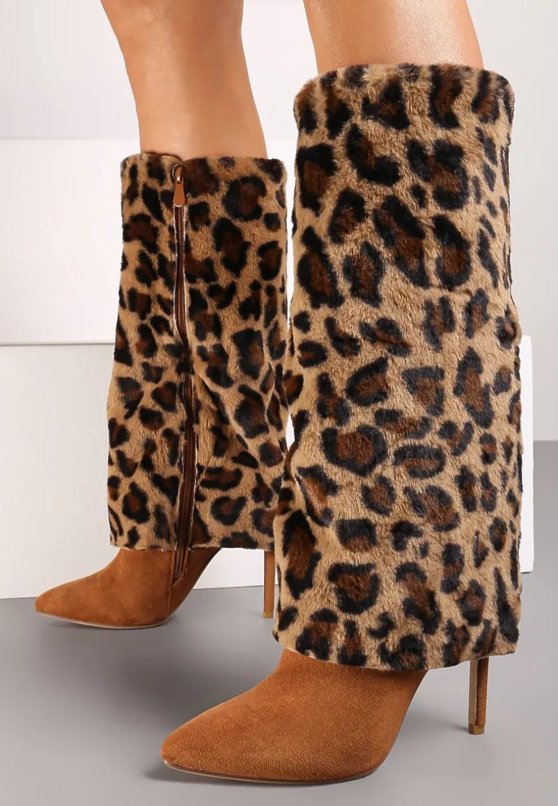 Brązowe Kozaki na Szpilce Ozdobione Futerkiem i Wywiniętą Cholewką w Panterkę Riavira