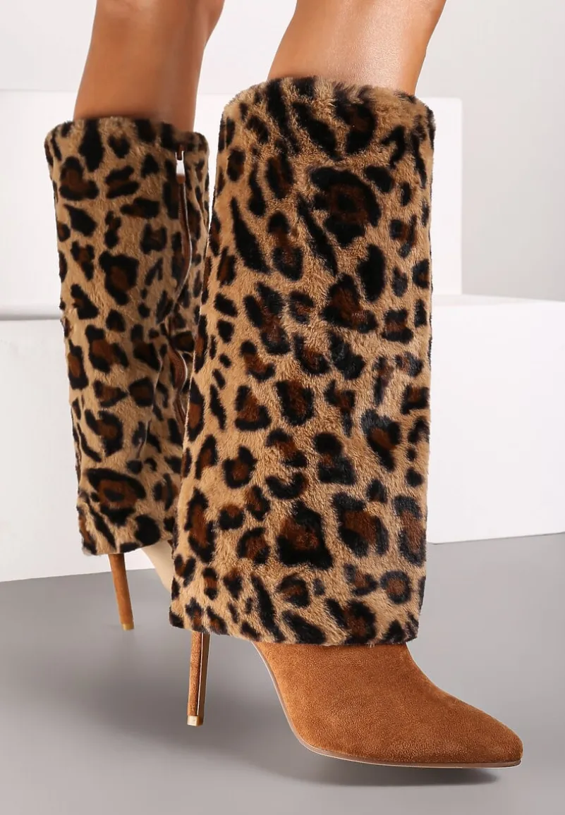 Brązowe Kozaki na Szpilce Ozdobione Futerkiem i Wywiniętą Cholewką w Panterkę Riavira