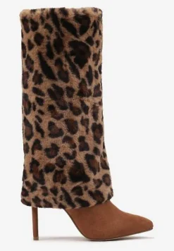 Brązowe Kozaki na Szpilce Ozdobione Futerkiem i Wywiniętą Cholewką w Panterkę Riavira