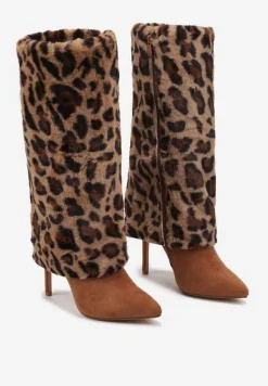 Brązowe Kozaki na Szpilce Ozdobione Futerkiem i Wywiniętą Cholewką w Panterkę Riavira