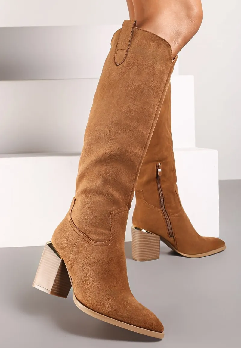 Brązowe Kozaki Vices na Słupku Ozdobione Metaliczną Wstawką Moriane