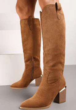 Brązowe Kozaki Vices na Słupku Ozdobione Metaliczną Wstawką Moriane