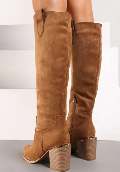 Brązowe Kozaki Vices na Słupku Ozdobione Metaliczną Wstawką Moriane