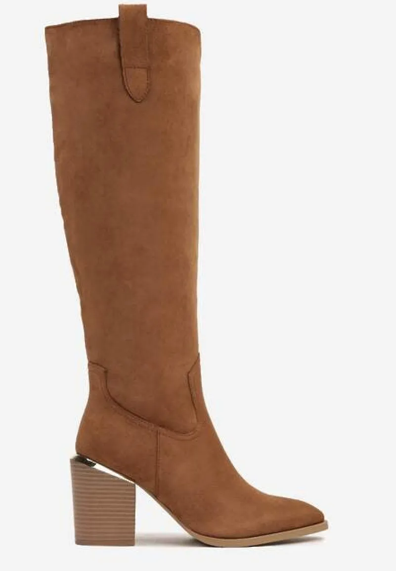 Brązowe Kozaki Vices na Słupku Ozdobione Metaliczną Wstawką Moriane