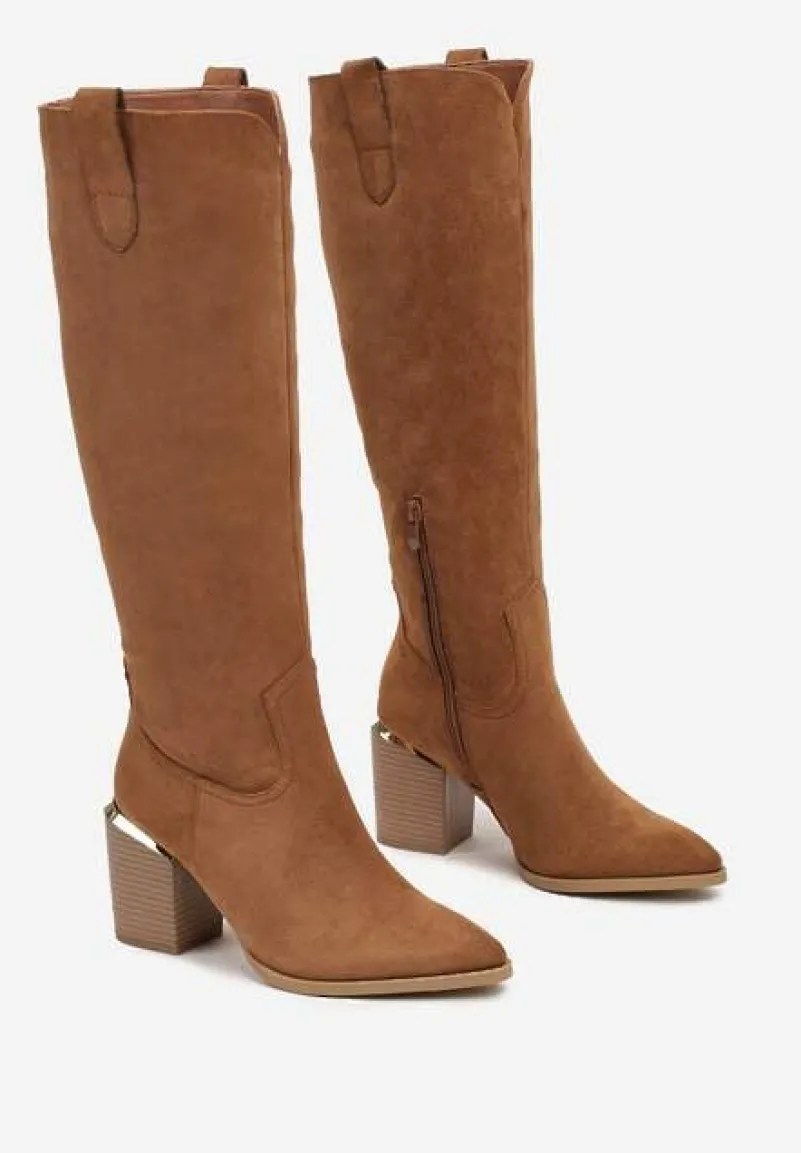 Brązowe Kozaki Vices na Słupku Ozdobione Metaliczną Wstawką Moriane