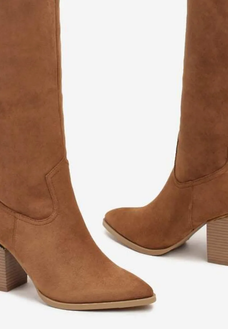 Brązowe Kozaki Vices na Słupku Ozdobione Metaliczną Wstawką Moriane