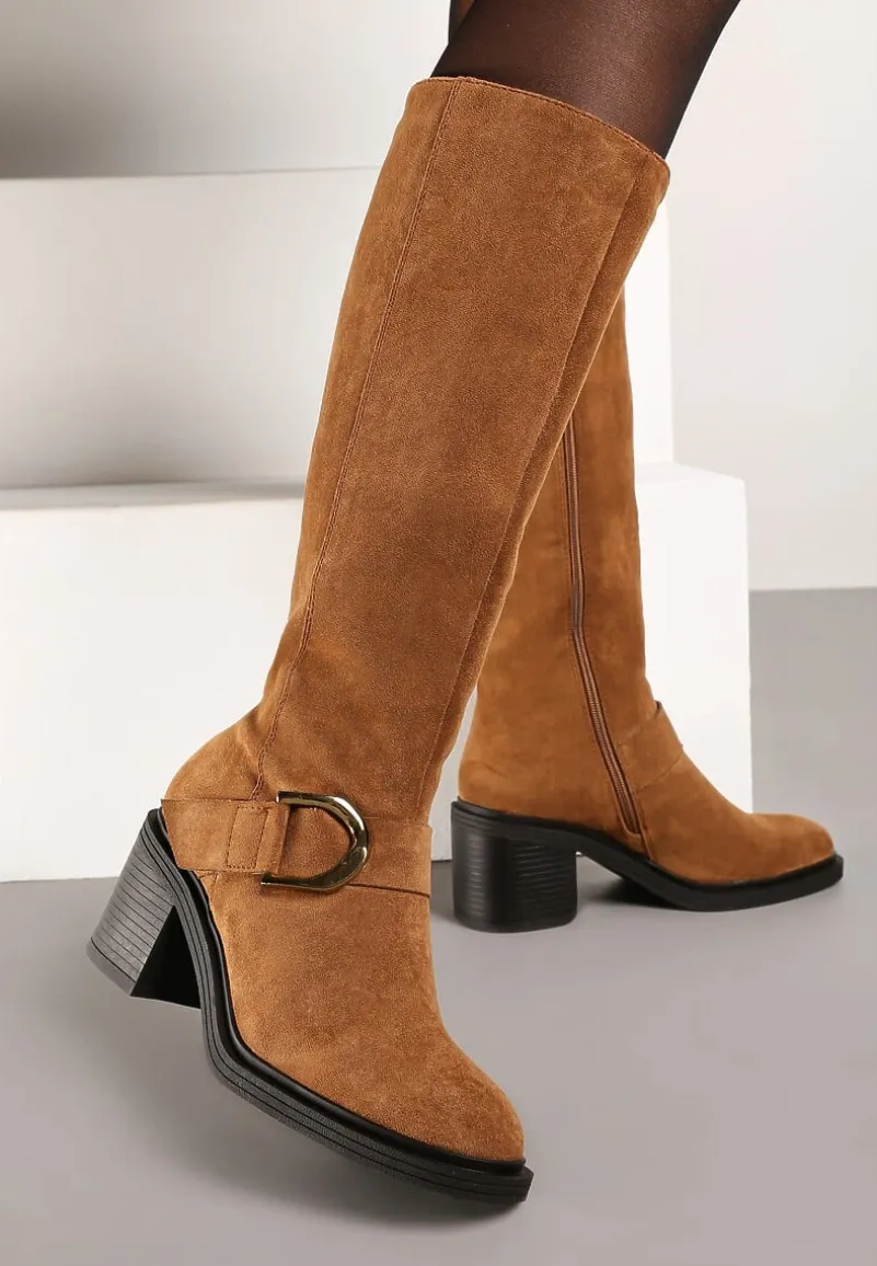 Brązowe Kozaki Vices na Słupku z Ozdobną Klamrą i Ociepleniem Moriti