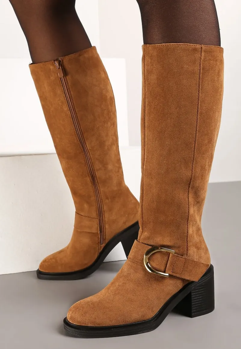 Brązowe Kozaki Vices na Słupku z Ozdobną Klamrą i Ociepleniem Moriti