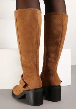 Brązowe Kozaki Vices na Słupku z Ozdobną Klamrą i Ociepleniem Moriti